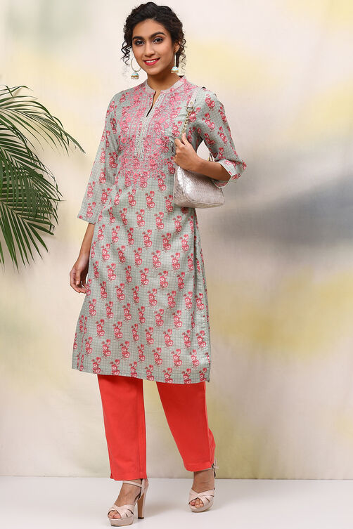 Green Poly Cotton Straight Printed Kurta image number 5