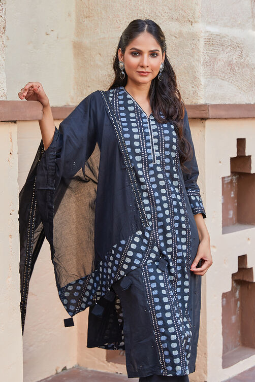 Black Cotton Straight Kurta Palazzo Suit Set image number 0