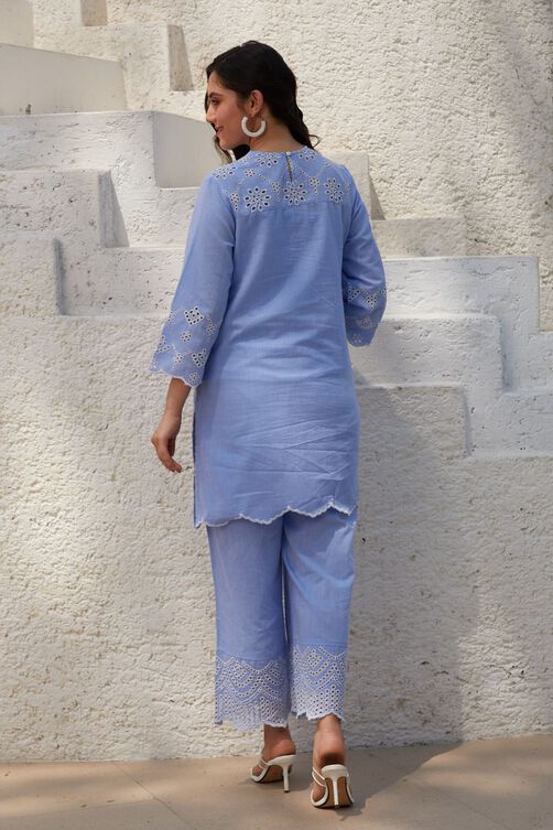 Sky Blue Cotton Schiffli Kurta & Palazzo Suit Set image number 4