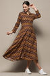 Brown Chevron Block Printed Shirt-Style A-line Dress image number 0