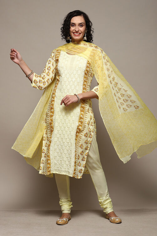 Yellow Cotton Handloom Unstitched Suit Set image number 1