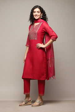 Fuchsia Poly Cotton Straight Kurta Pant Suit Set image number 4