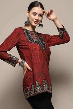 Maroon and Black Printed Regular Fit Straight Kurti image number 4