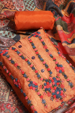 Orange Chanderi Hand Embroidered Unstitched Suit Set image number 2
