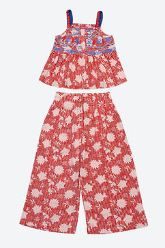 Red Printed Cotton Strappy Top and Flare Pants Set image number 0