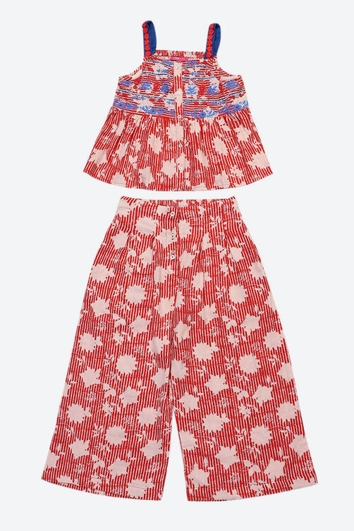 Red Printed Cotton Strappy Top and Flare Pants Set image number 0