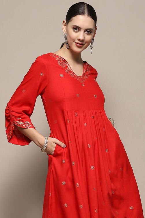 Red Foil Printed Gathered A-Line Kurta image number 1