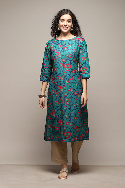 Turquoise Cotton Straight Printed Kurta image number 0