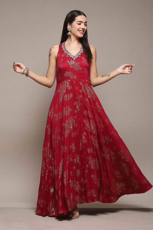 Cherry Red LIVA Flared Printed Dress Dress at Biba India