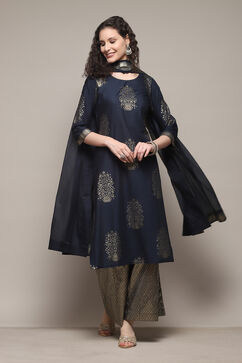 Navy Blue Cotton Straight Printed Kurta Capri Suit Set image number 0