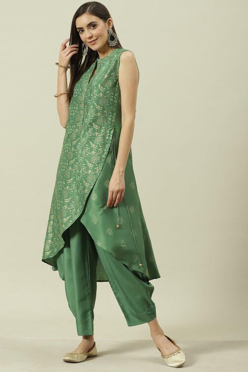 Green Printed Straight Kurta Dhoti Salwar Suit Set image number 3