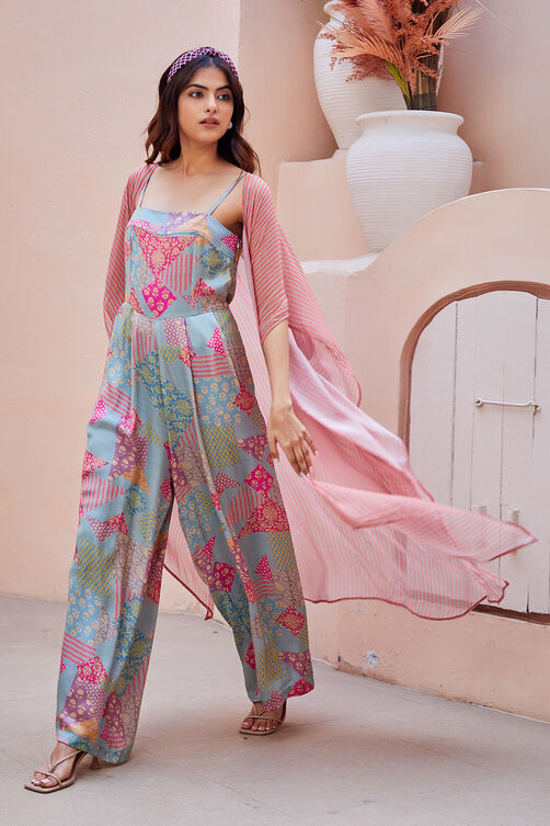 Blue & Pink Printed Jumpsuit with Shrug image number 2