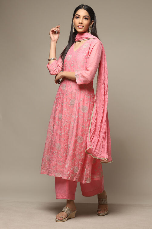 Pink Cotton Blend Kalidar Kurta Palazzo Suit Set image number 5
