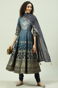 Blue Cotton Anarkali Kurta Churidar Suit Set image number 0