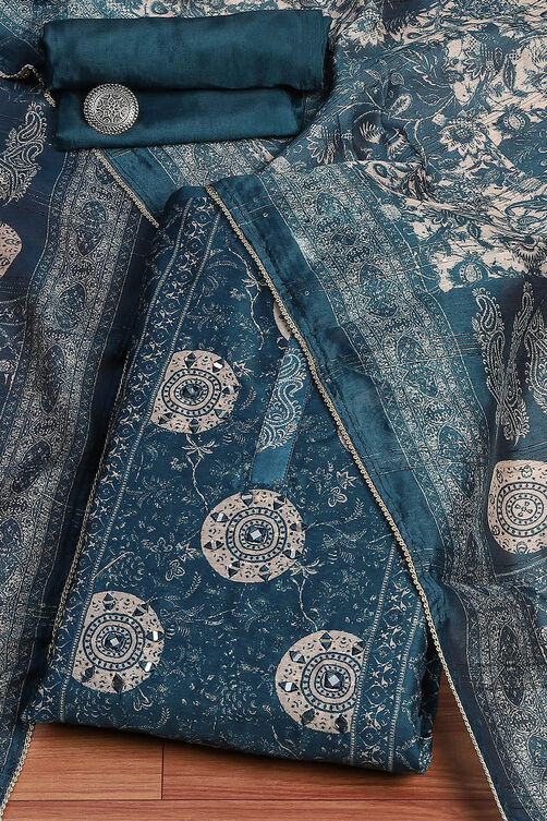 Blue Chanderi Printed Unstitched Suit Set image number 0