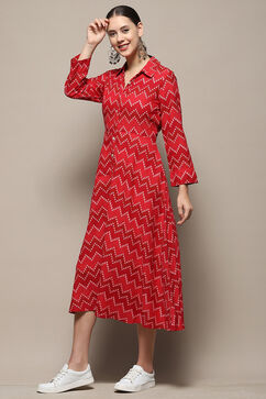 Red Chevron Block Printed Shirt-Style A-line Dress image number 2