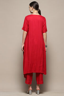 Burgundy Asymmetric Solid Kurta Set image number 4