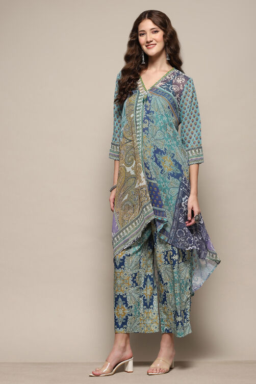 Blue Printed Asymmetric Kurta & Palazzo Suit Set image number 3