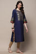 Navy Blue Pure Cotton Straight Kurta image number 4