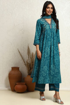 Teal Blue Floral Printed Flared Suit Set image number 0