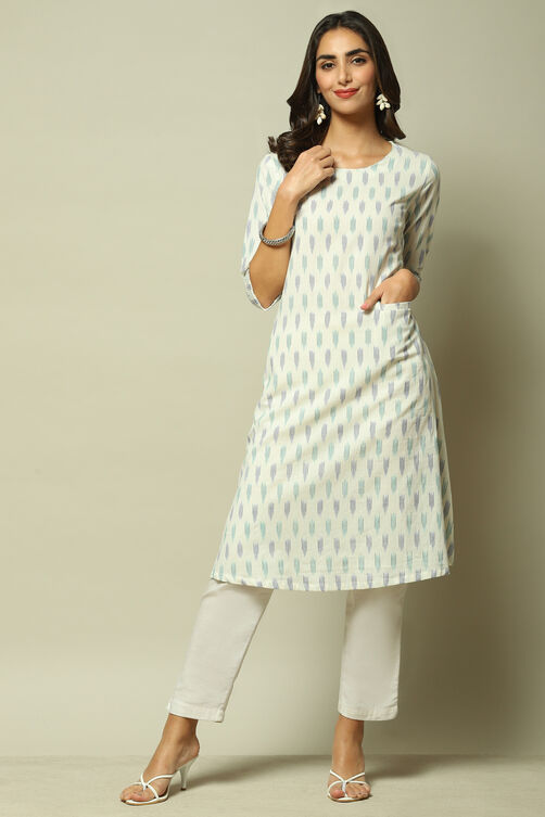 Off White & Blue Cotton IKAT Straight Yarndyed Kurta image number 5