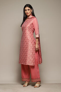 Blush Pink Cotton Blend Straight Yarndyed Kurta Palazzo Suit Set image number 5