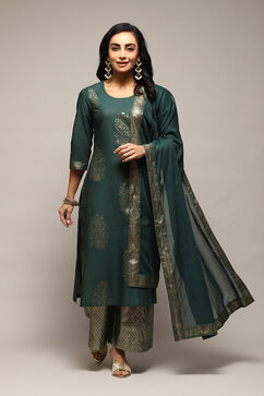 Green Cotton Straight Printed Kurta Ankle Length Suit Set image number 7