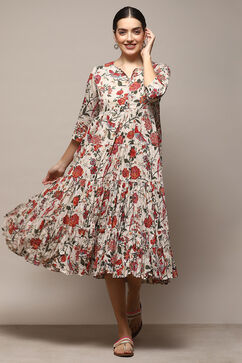 Off White Cotton Flared Printed Dress image number 2