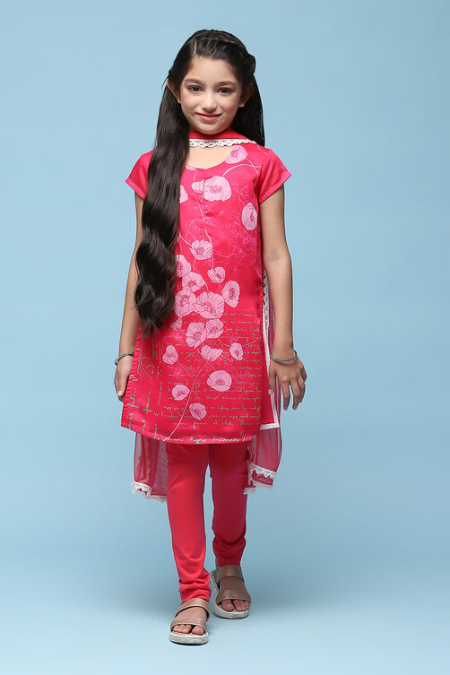 Pink Polyester Straight Printed Kurta Churidar Suit Set image number 7