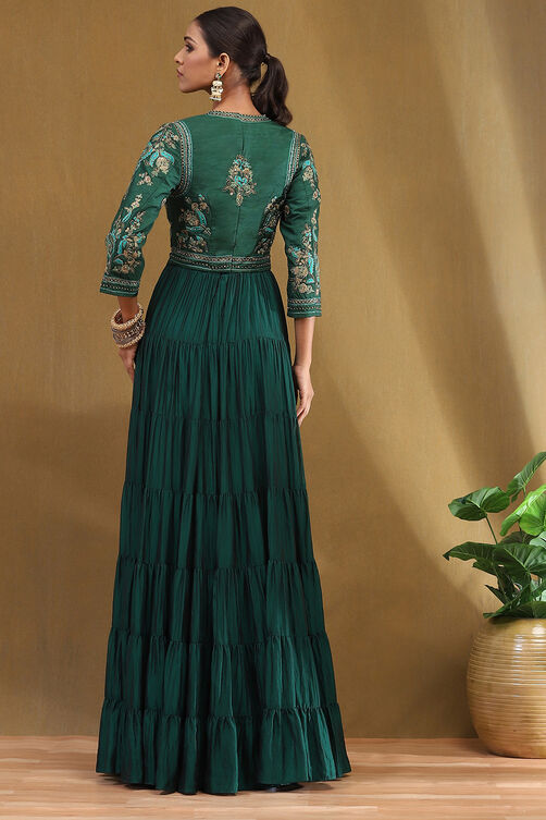 Emerald Green Silk Festive Tiered Anarkali Dress image number 2