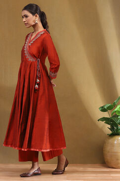 Rust Embroidered Festive Anarkali Suit Set image number 3