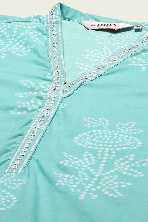 Turquoise Cotton Straight Kurta Palazzo Suit Set image number 1