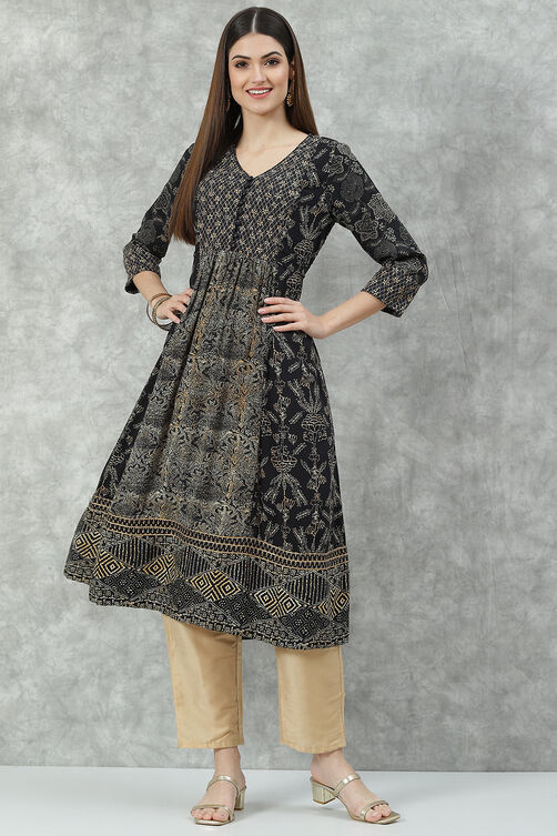 Black Rayon Flared Printed Kurta image number 0