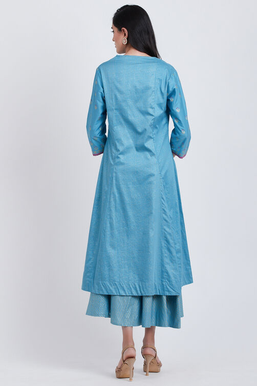Blue Cotton Front Open Printed Kurta image number 5