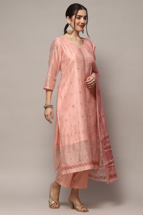 Baby Pink Chanderi Blend Unstitched Suit set image number 7