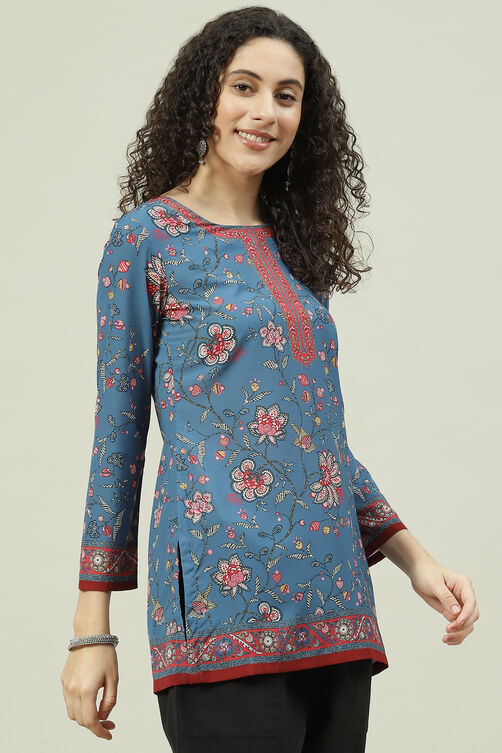 Blue Art Silk Straight Printed Short Kurti image number 3