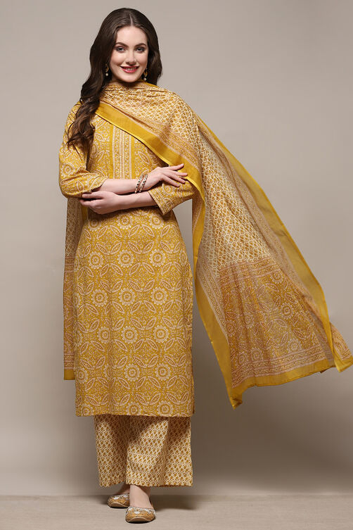 Yellow Cotton Screen Print Unstitched Suit Set image number 1
