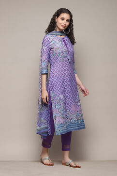 Lavendar Cotton Straight Printed Kurta Slim Pant Suit Set image number 5