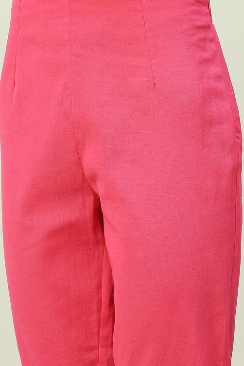 Fuschia Cotton Straight Kurta Slim Pant Suit Set