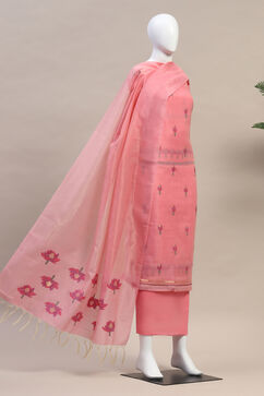 Pink Chanderi Handloom Unstitched Suit Set image number 4