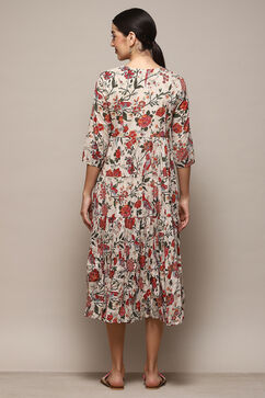 Off White Cotton Flared Printed Dress image number 4