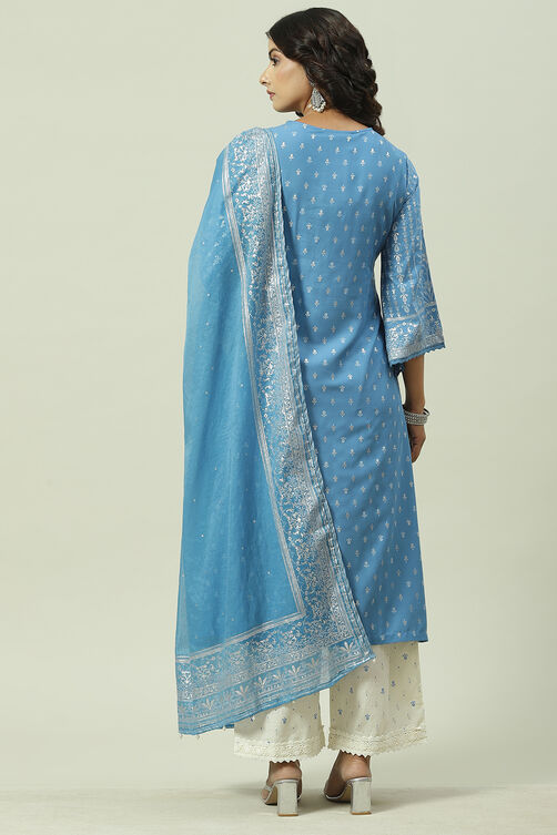 Blue LIVA Straight Kurta Palazzo Suit Set image number 4