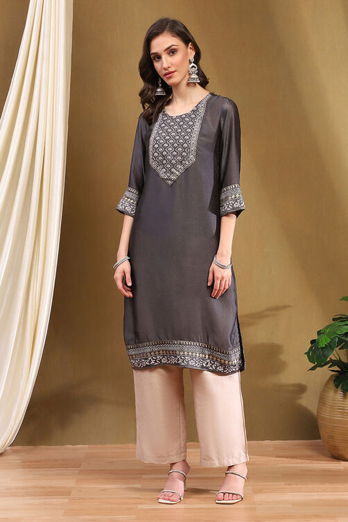 Grey Silk Straight Kurta image number 5