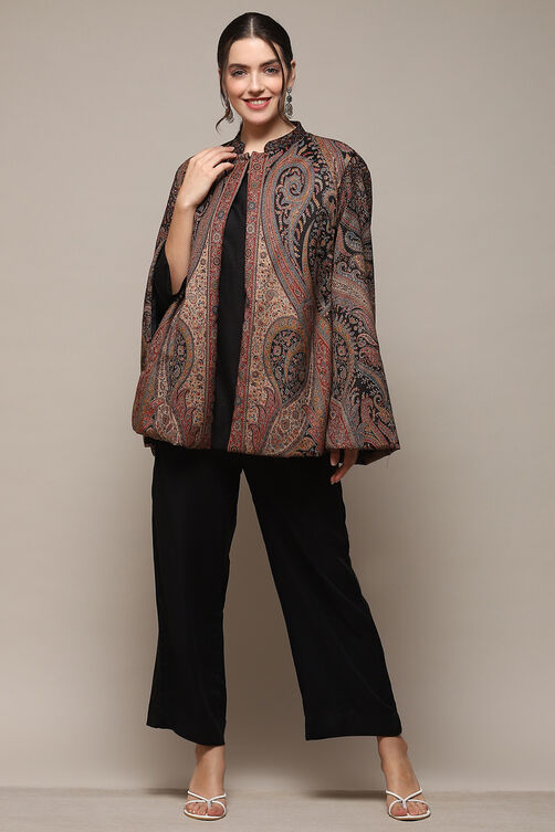 Black Poly Jacquard Flared Yarndyed Kurta image number 6