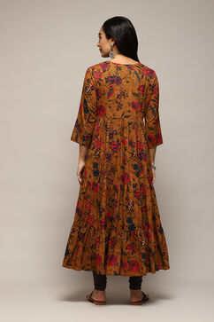 Mustard Cotton Flared Printed Dress image number 4