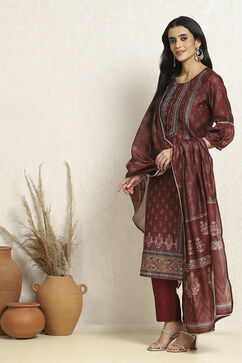 Maroon Chanderi Machine Embroidered Unstitched Suit Set image number 4