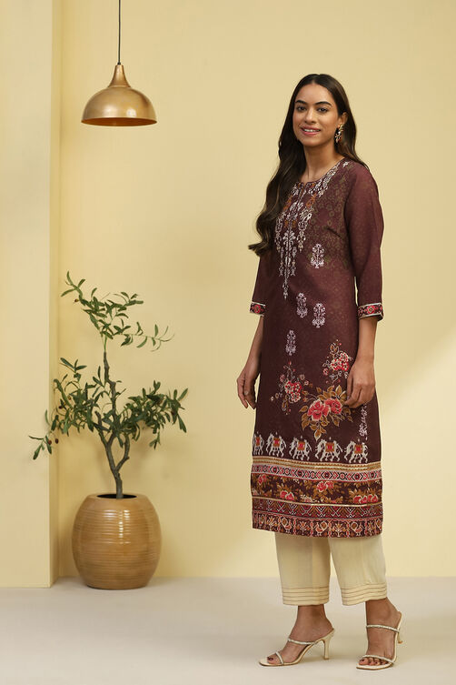 Brown Chanderi Printed Straight Kurta image number 2