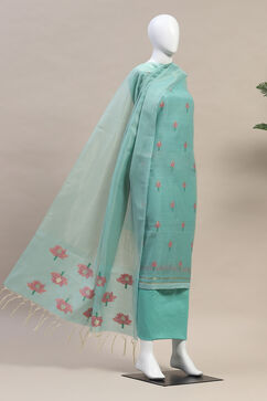 Blue Chanderi Handloom Unstitched Suit Set image number 4
