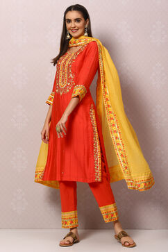 Coral Red And Yellow Cotton Viscose Straight Suit Set image number 0