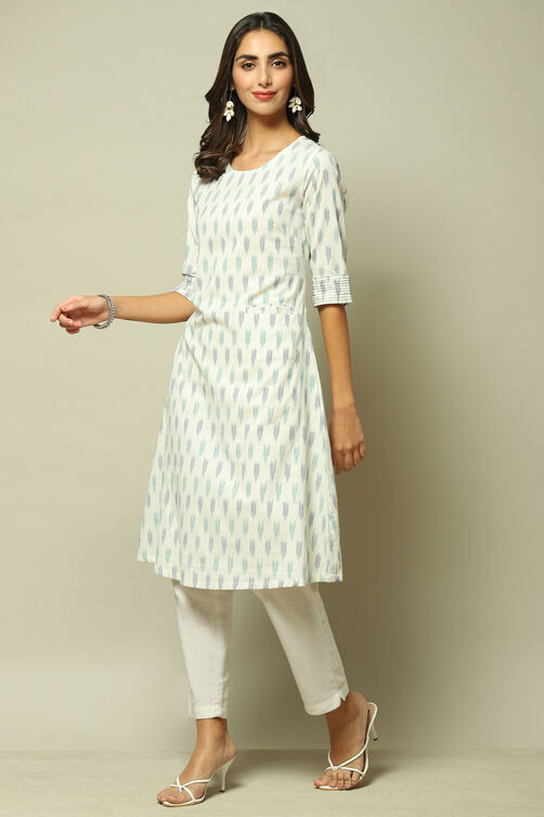 Off White & Blue Cotton IKAT Straight Yarndyed Kurta image number 2